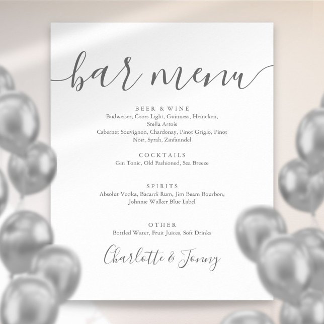 Poster Panneau de menu de bar à signature gris et blanc (Gray And White Signature Script Bar Menu Sign)