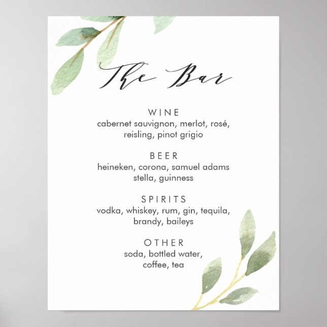 Poster Panneau de menu de bar de mariage botanique à feui (Devant)