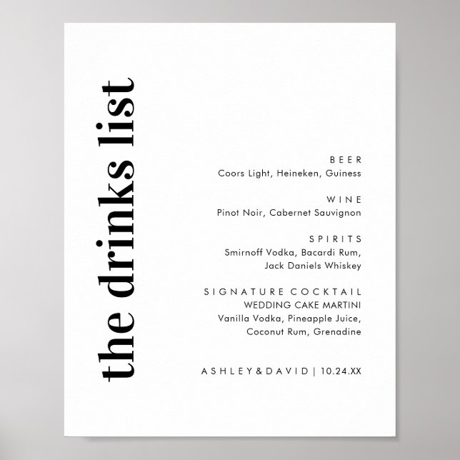 Poster Panneau de menu de bar de mariage moderne gras num (Devant)