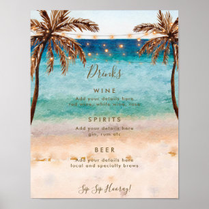 Poster panneau de menu de bar de mariage sur la plage tro