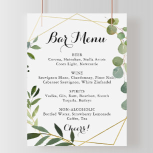 Poster Panneau de menu de bar de mariage tropical doré gé