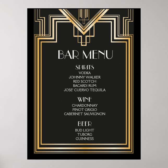 Poster Panneau de MENU de bar | Mariage inspiré de Gatsby (Devant)