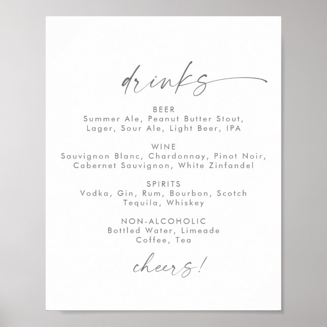 Poster Panneau de menu de boissons de mariage à écriture  (Devant)