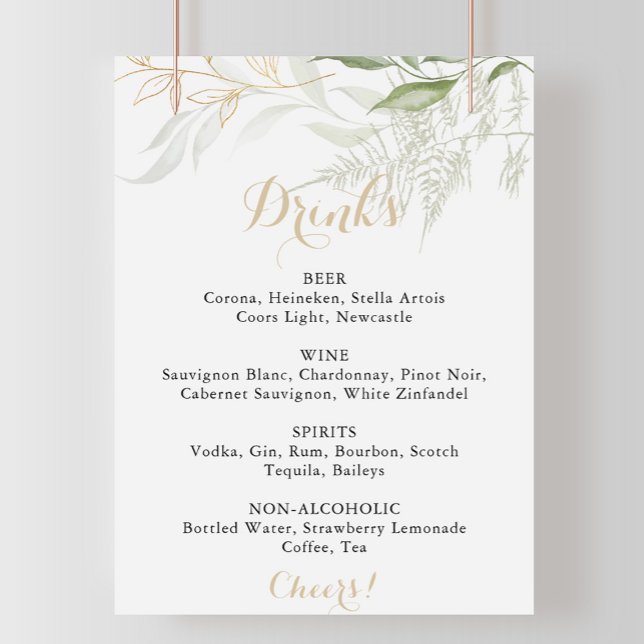 Poster Panneau de menu de boissons de mariage à feuillage (Créateur téléchargé)