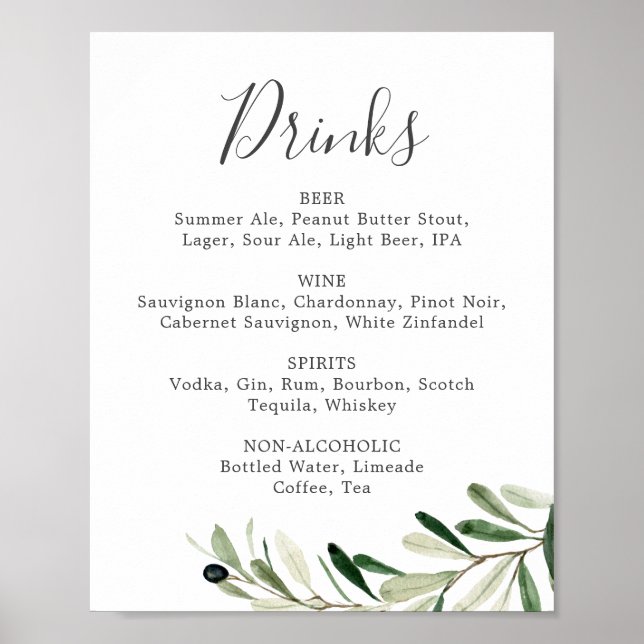 Poster Panneau de menu de boissons de mariage à la branch (Devant)