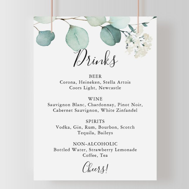 Poster Panneau de menu de boissons de mariage au eucalypt (Créateur téléchargé)