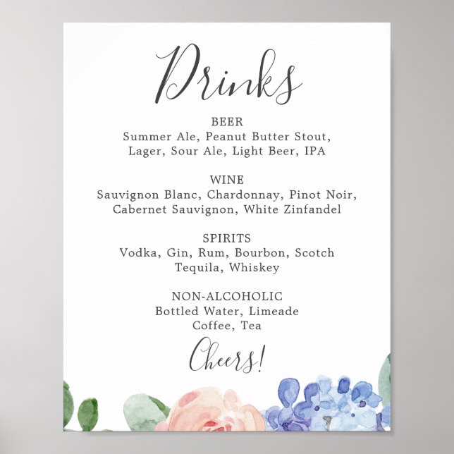 Poster Panneau de menu de boissons de mariage aux hortens (Devant)