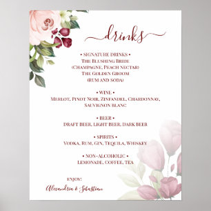 Poster Panneau de menu de boissons de mariage aux roses f