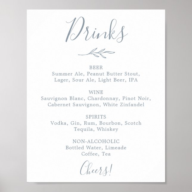 Poster Panneau de menu de boissons de mariage bleu poussi (Devant)