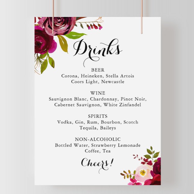 Poster Panneau de menu de boissons de mariage bordeaux bl (Créateur téléchargé)