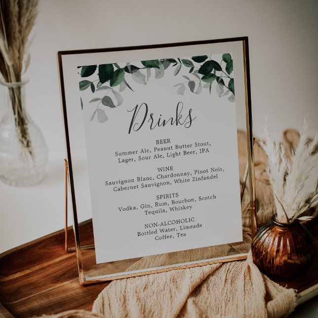 Poster Panneau de menu de boissons de mariage de verdure  (Créateur téléchargé)