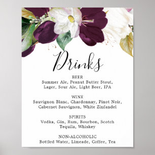 Poster Panneau de menu de boissons de mariage Fleurs viol