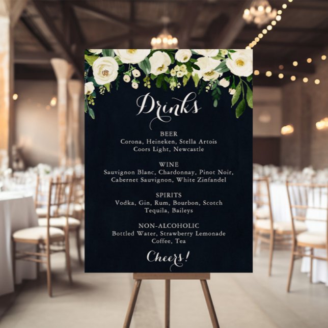 Poster Panneau de menu de boissons de mariage floral blan (Créateur téléchargé)