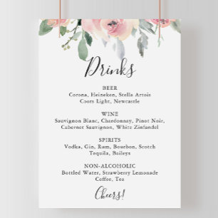 Poster Panneau de menu de boissons de mariage floral rose