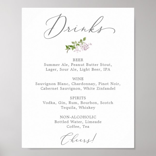 Poster Panneau de menu de boissons de mariage lilas rusti (Devant)