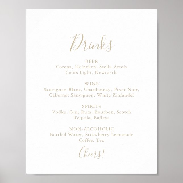 Poster Panneau de menu de boissons de mariage minimaliste (Devant)