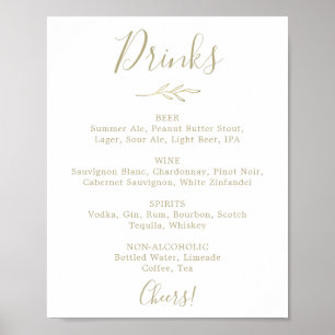 Poster Panneau de menu de boissons de mariage or Feuille