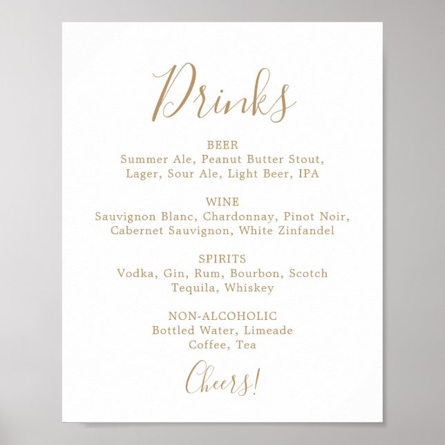 Poster Panneau de menu de boissons de mariage or minimali (Devant)