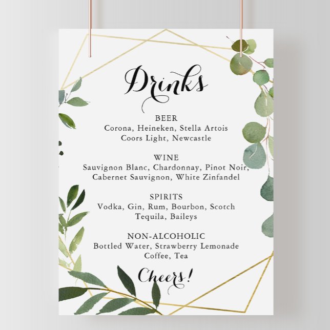 Poster Panneau de menu de boissons de mariage tropical or (Créateur téléchargé)