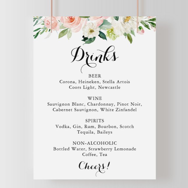 Poster Panneau de menu de boissons de mariage vert floral (Créateur téléchargé)
