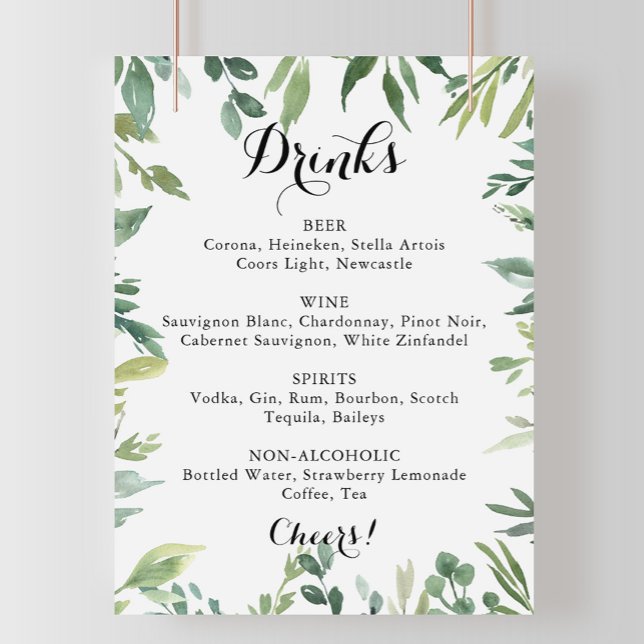 Poster Panneau de menu de boissons de mariage vert tropic (Créateur téléchargé)