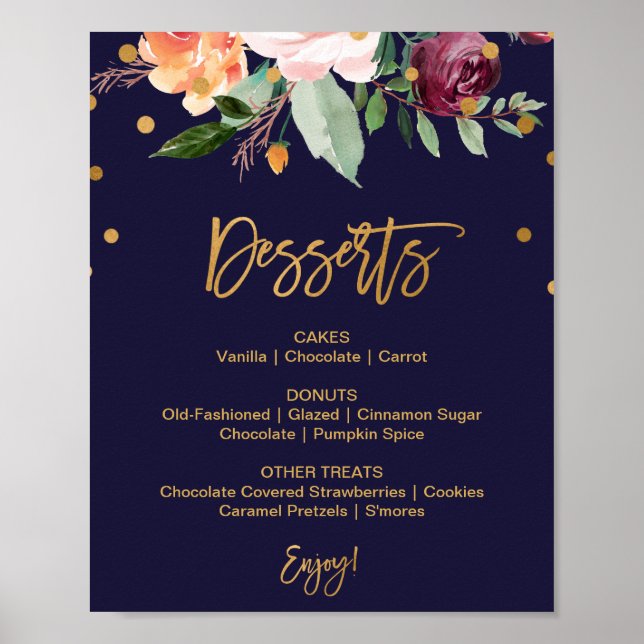 Poster Panneau de menu de dessert de mariage floral d'aut (Devant)