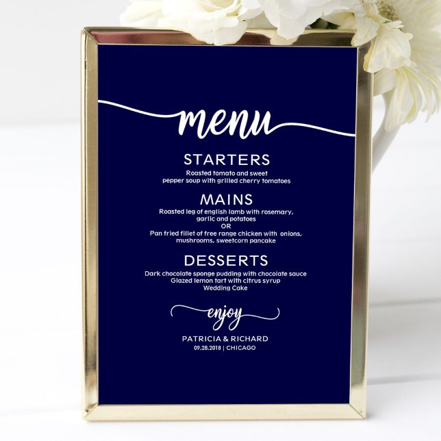 Poster Panneau de Menu de Mariage Chic Calligraphie Bleu  (Créateur téléchargé)