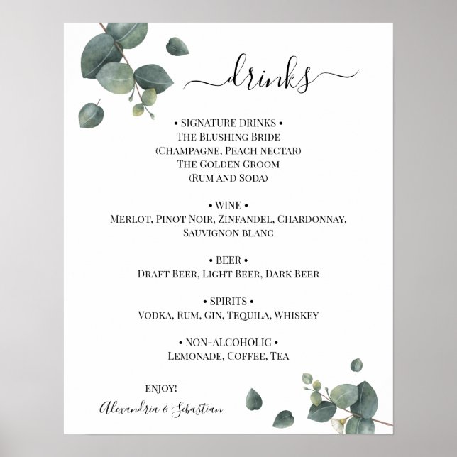 Poster Panneau de menu des boissons de mariage à la verdu (Devant)