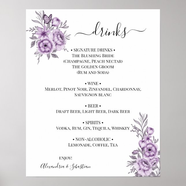 Poster Panneau de menu des boissons de mariage à l'orchid (Devant)