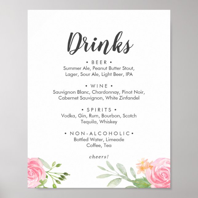 Poster Panneau de menu des boissons de mariage aux pivoin (Devant)