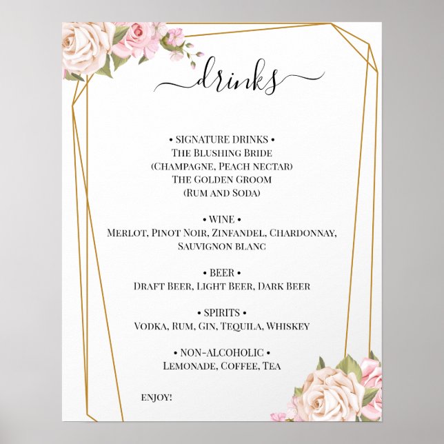 Poster Panneau de menu des boissons de mariage aux roses  (Devant)