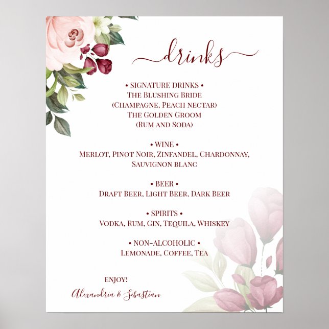 Poster Panneau de menu des boissons de mariage aux roses  (Devant)