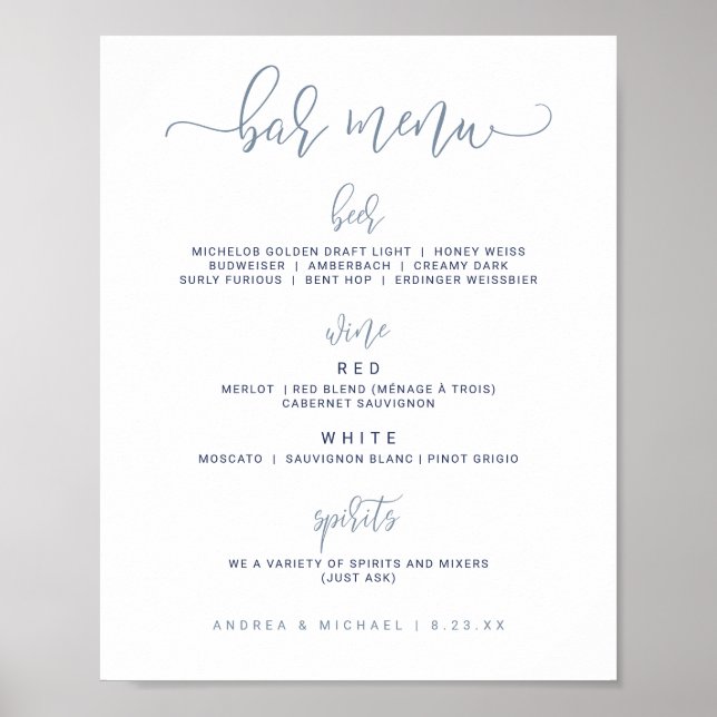 Poster Panneau de menu mariage - Script de rebond (bleu f (Devant)