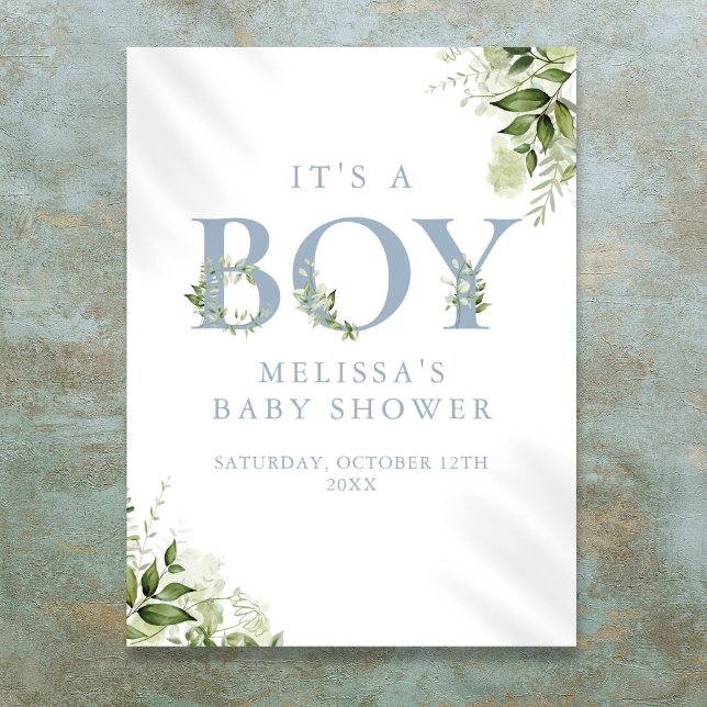 Poster Panneau de Naissance Garçon Vert Bleu (Its A Boy Greenery Blue Baby Shower Sign)