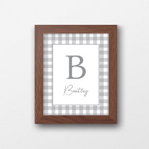 Poster Panneau de nom de nurserie à carreaux gingham gris