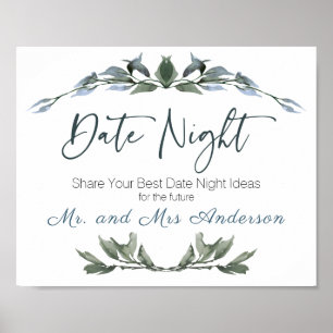 Poster Panneau de nuit de date floral vert argenté sage