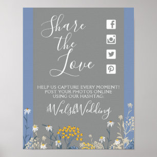 Poster Panneau de photo avec hashtag pour mariage floral 