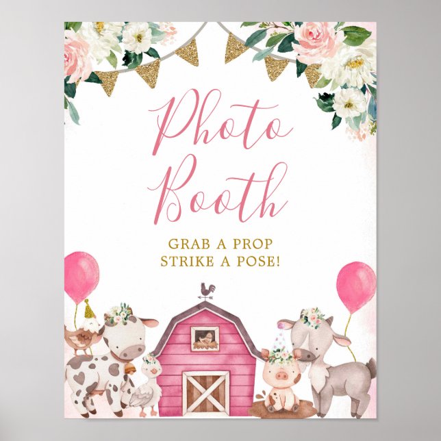Poster Panneau de Photomaton Baby Shower Fille Rose Ferme (Devant)
