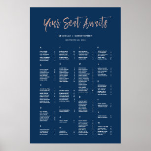 Poster Panneau de plan de table alphabétique Navy & Or Ro