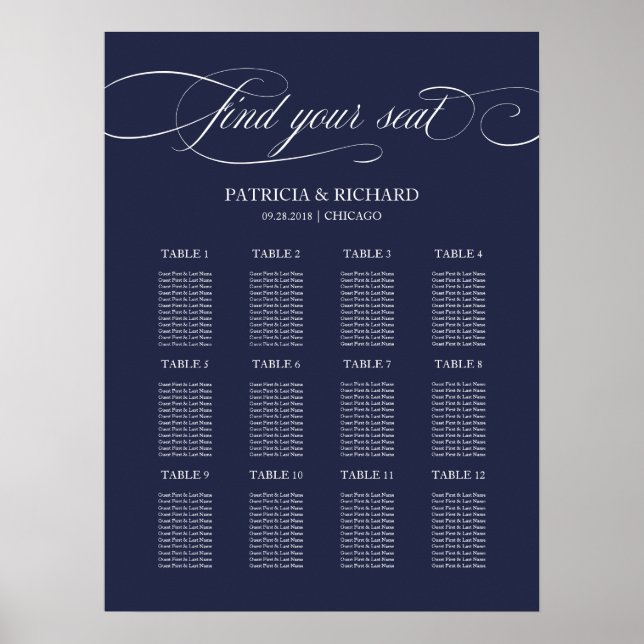 Poster Panneau de plan de table de mariage bleu marine 12 (Devant)