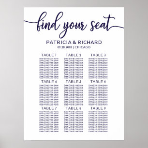 Poster Panneau de plan de table de mariage chic bleu mari