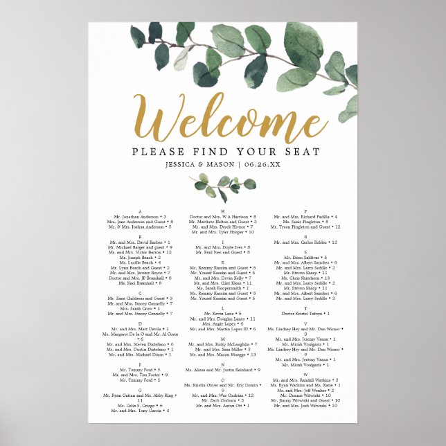 Poster Panneau de plan de table de mariage Eucalyptus (Devant)