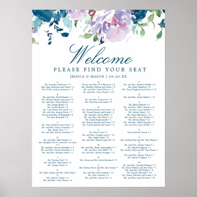 Poster Panneau de plan de table de mariage floral Midnigh (Devant)