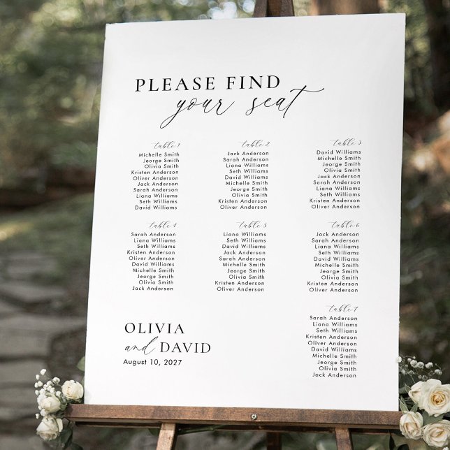 Poster Panneau de Préséance en Mousse Script Élégant 7 ta (Wedding seating chart for 7 tables)