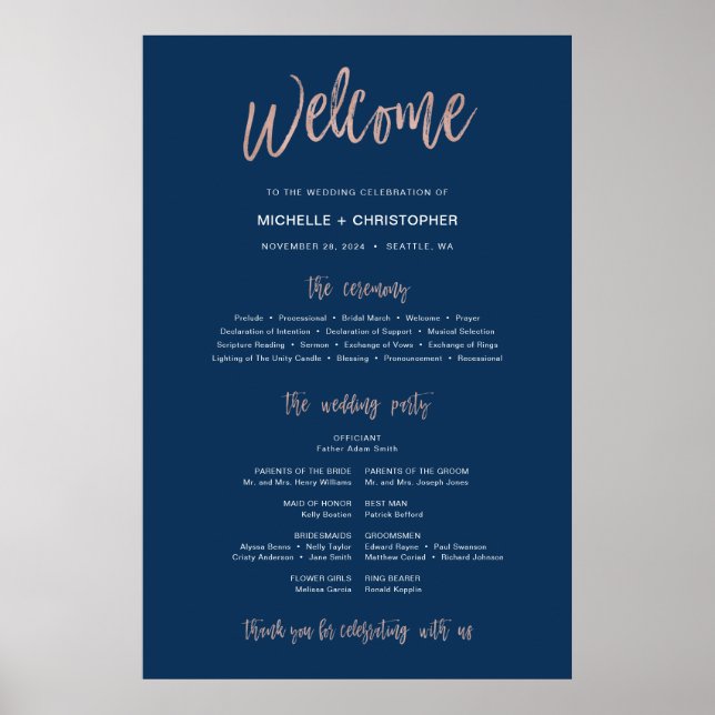 Poster Panneau de programme de mariage Navy Blue & Rose G (Devant)