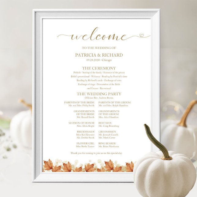 Poster Panneau de Programme de Mariage pour les Feuilles  (Créateur téléchargé)