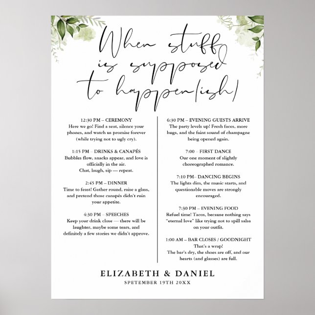 Poster Panneau de programme floral de verdure de mariage (Devant)