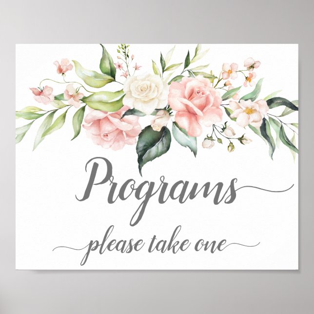 Poster Panneau de programmes de mariage aux roses blanche (Devant)
