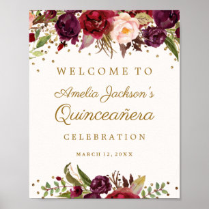 Poster Panneau de Quinceanera Floral Confetti Or Bourgogn