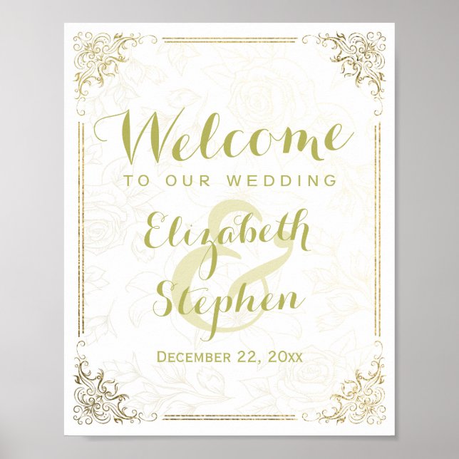 Poster Panneau de réception de mariage Gold Floral Frame (Devant)